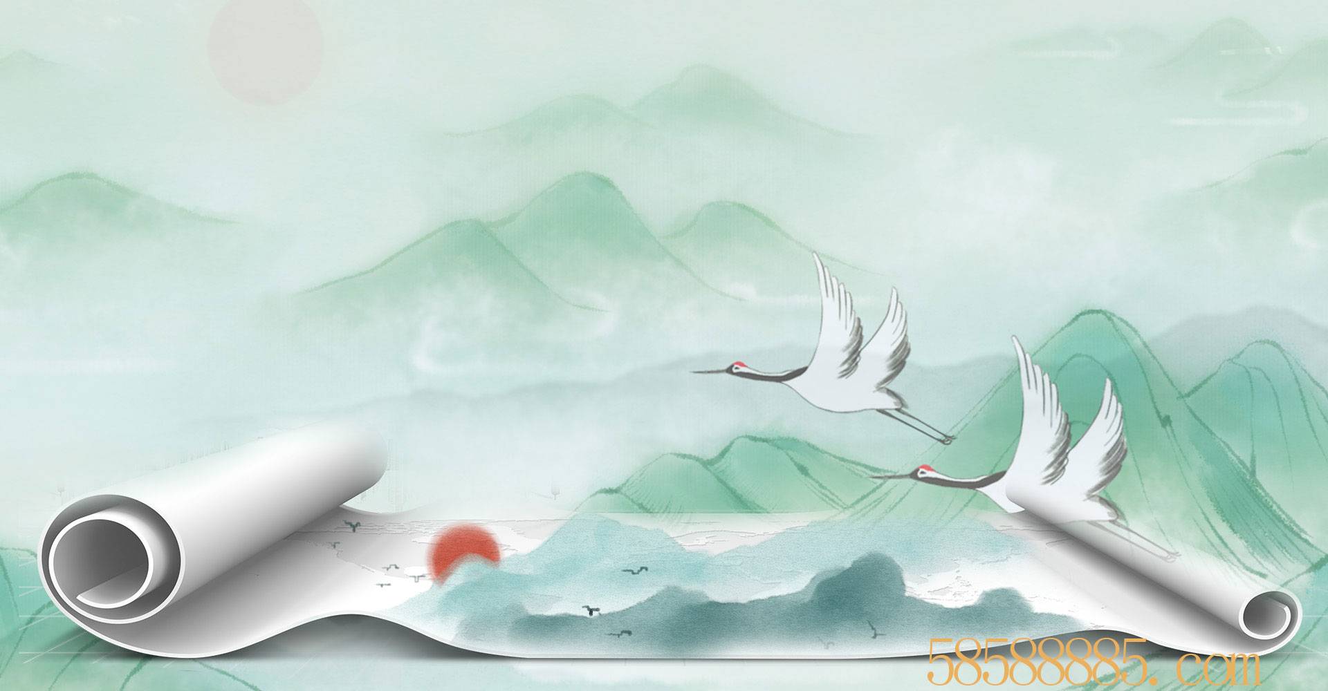 photoshop素材 简约中国风卷轴古典水墨背景